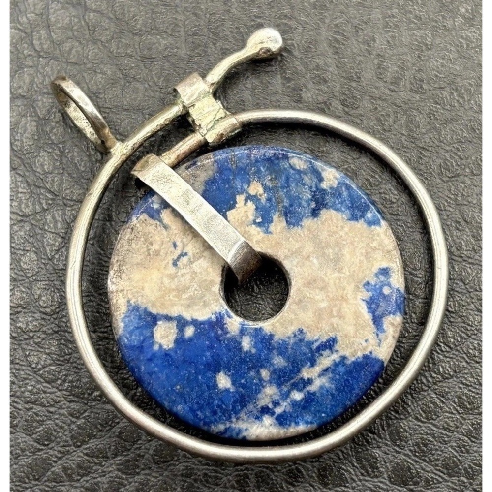 Vintage Blue White Stone Donut Disc Sterling Silver Artisan Modernist Pendant